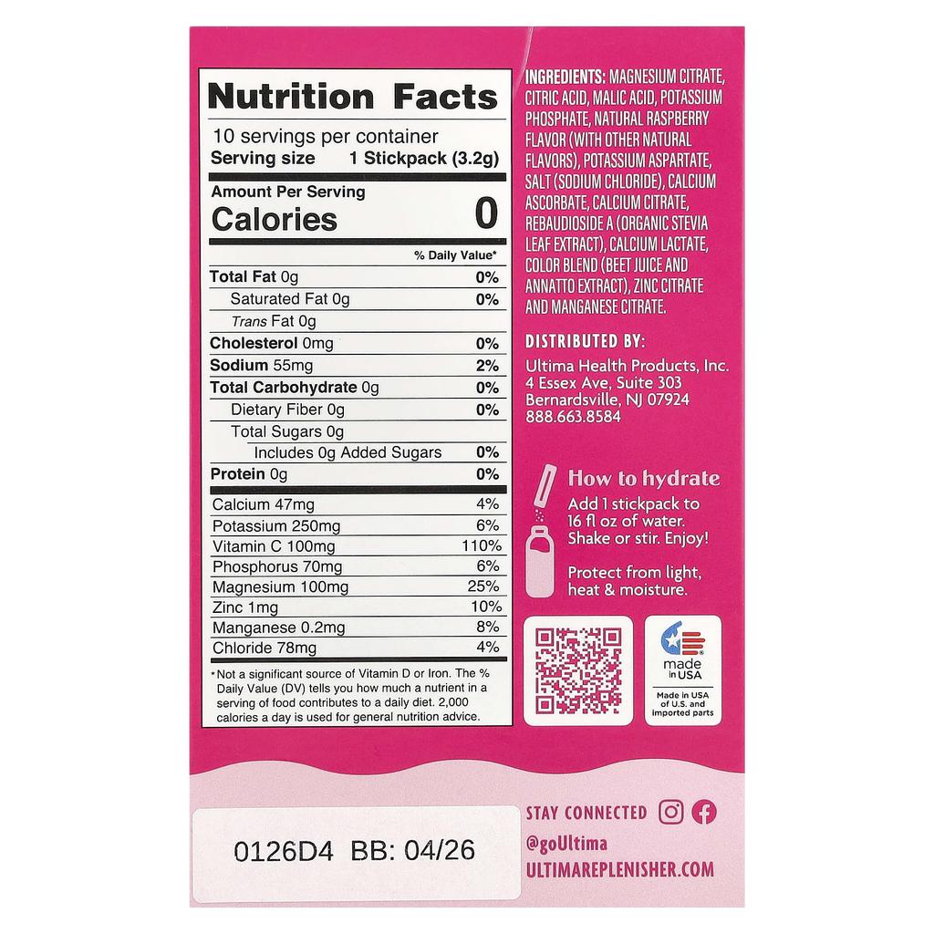 Ultima Replenisher, 6 Essential Electrolytes, Daily Electrolyte Drink Mix, Raspberry, 10 Stick Packs, 0.11 oz (3.2 g)