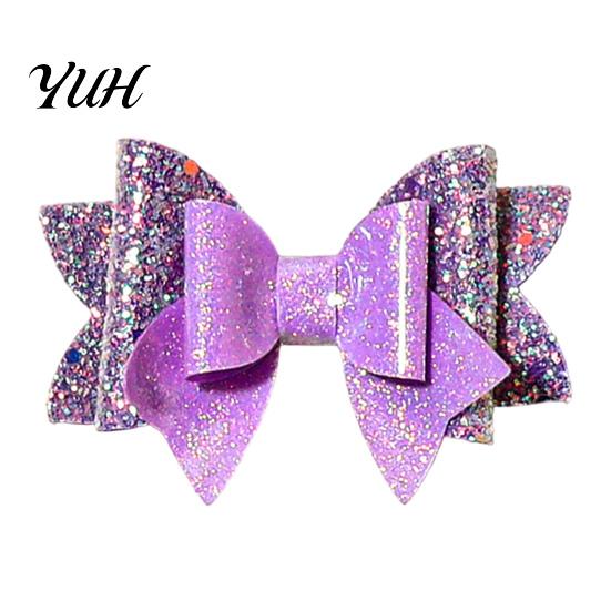 Fashion Hair Accessories Double Layered Glitter Bow Clip for Girls, Artificial Leather Barrettes, Party Non Slip Children Daily Wear & Kids