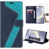 Case for Samsung Galaxy S24 Plus (S24+) - Foldable Anti-Scratch Protection Blue Leather Effect + 2 Tempered Glass Screen Protectors