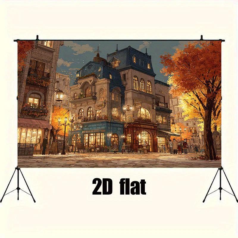 1 amazing cityscape 2D background - old buildings autumn trees and street lights multiple sizes suitable for photo studios