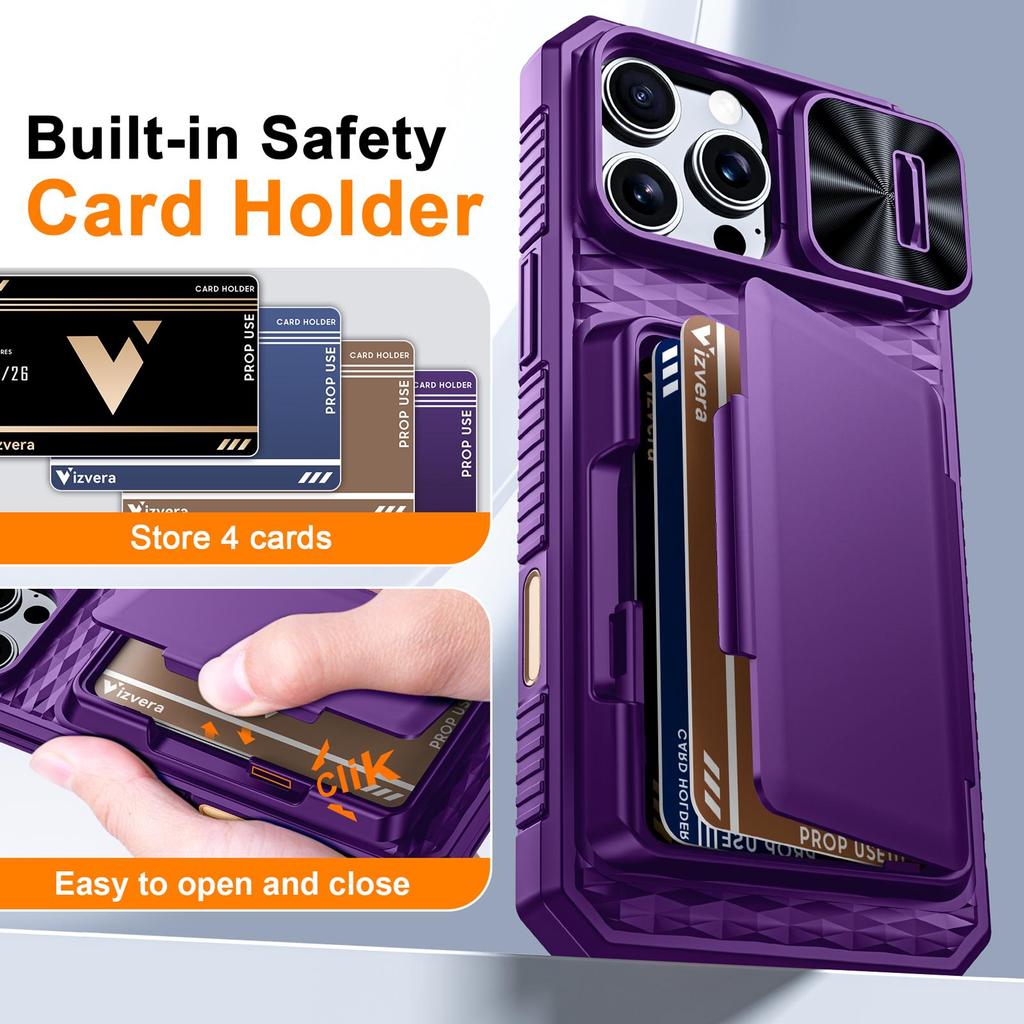 With Card Holder Sliding Camera Cover And Stand For iPhone 16 Pro Max Phone Case, Anti-Fall PC+TPU Wallet Case-Purple