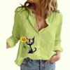 Women Fashion Buttoned Shirt Spring&summer Thin Cotton Linen Top Casual Cat Print Long Sleeved Blouse