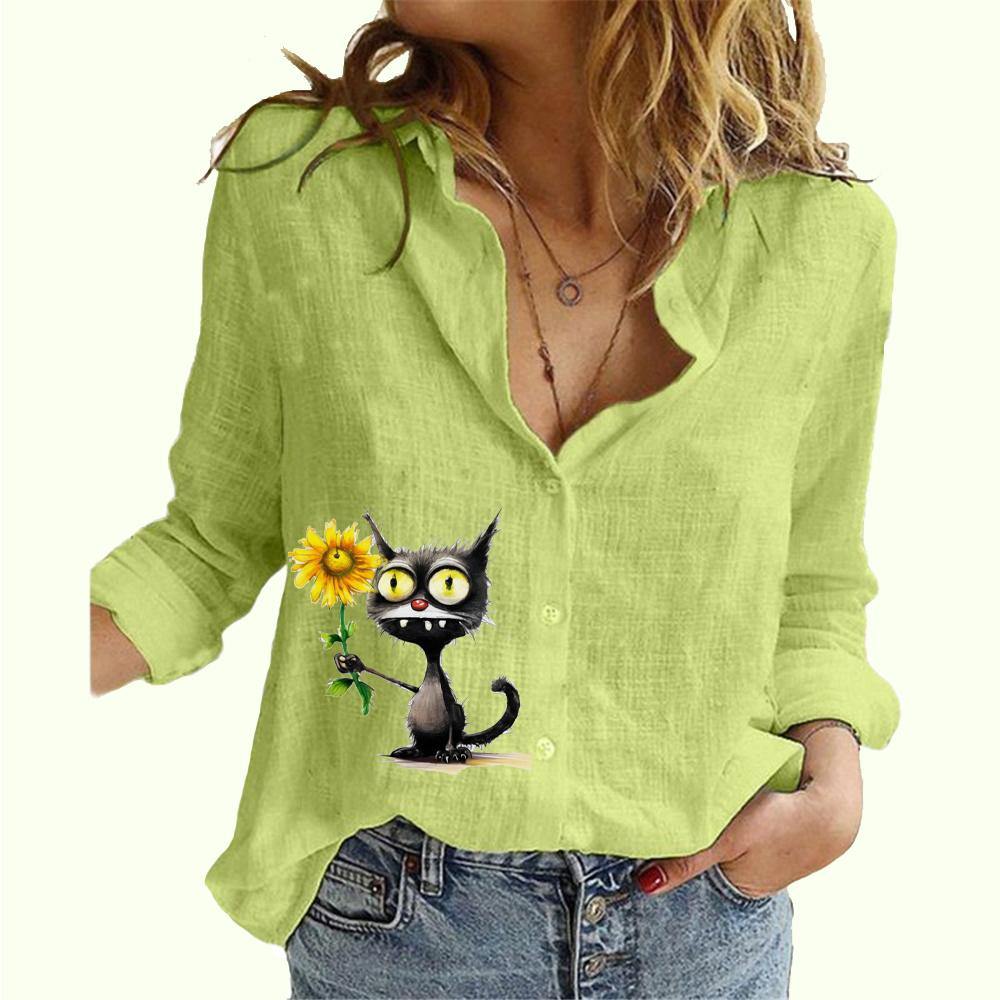Women Fashion Buttoned Shirt Spring&summer Thin Cotton Linen Top Casual Cat Print Long Sleeved Blouse