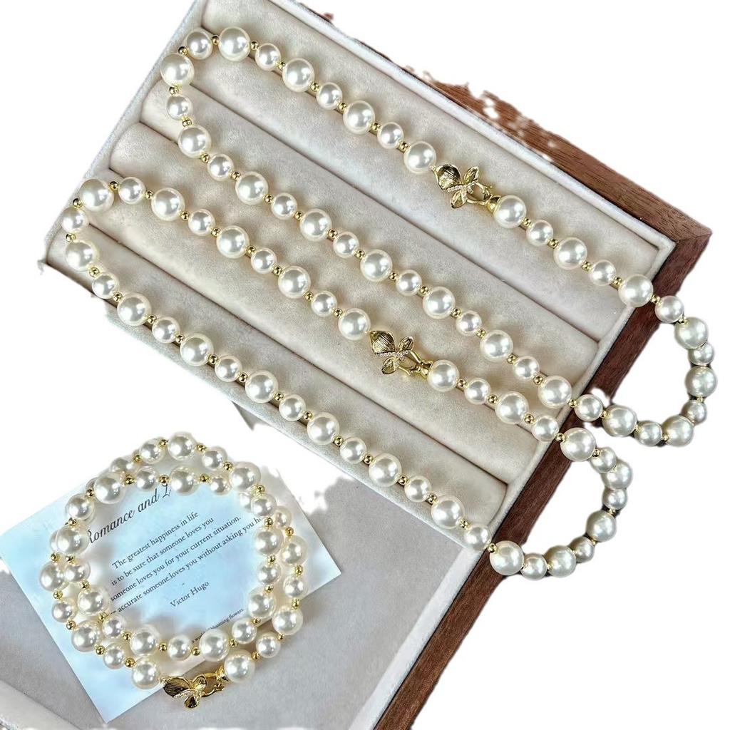 Vintage Strong Light High Quality 650 Warm White Artificial Crystal Pearl Necklace Collarbone Chain