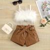 Girls Fashion Set Summer Kids Casual Furry Suspenders Solid Color Leather Pantsuit with Belt