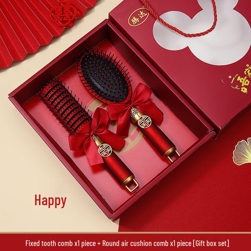 Приданое китайской невесты: Красный набор расчесок с воздушной подушкой - Пушистая воздушная подушка, Одна пара с подарочной коробкой для свадеб