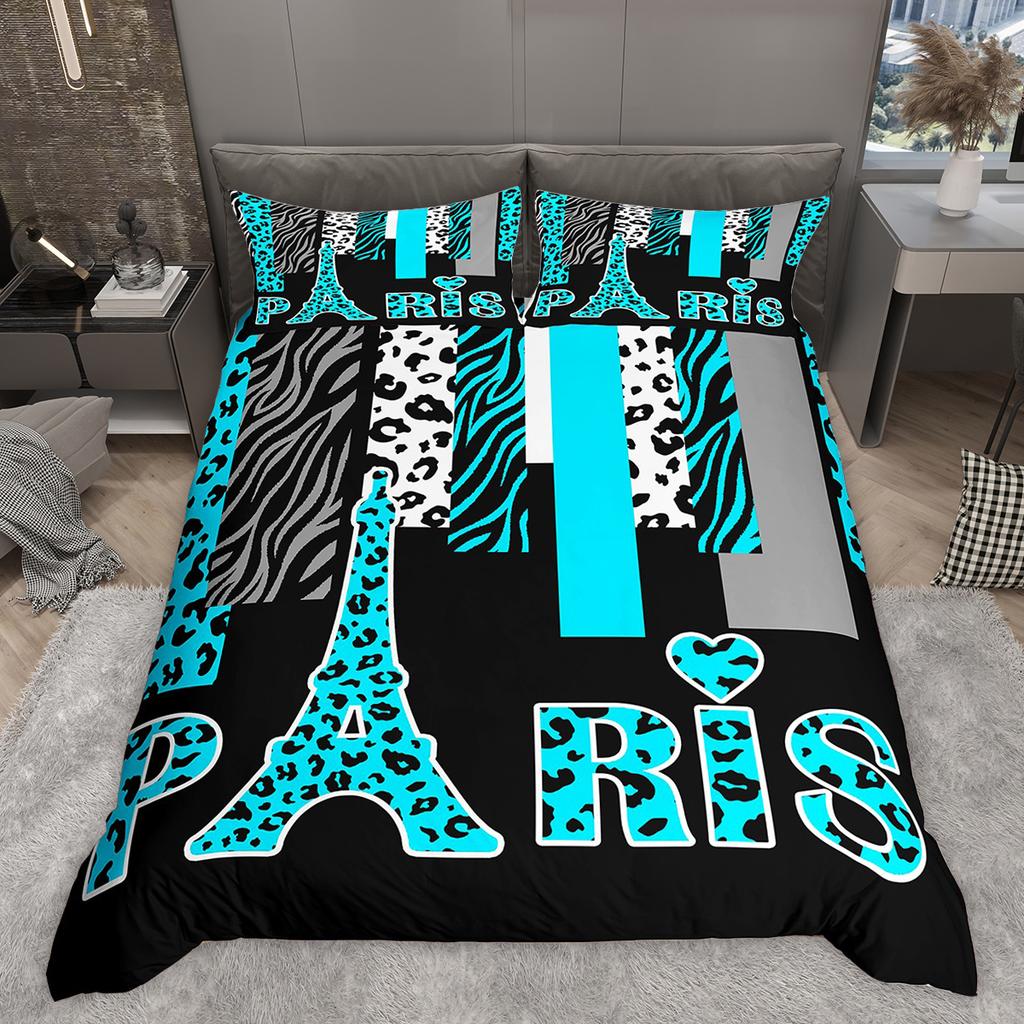 Homewish Romantic Paris Duvet Cover Set, Animal Print Stripes Bedding Set, Star Love Heart Printed Comforter Cover Set