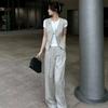 Fashionable Sleeveless Jacket and High Waist Wide Leg Pants Casual 2piece Suit Set