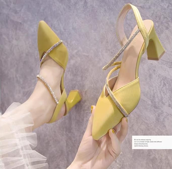 2024 лето новые модные босоножки baotou толстые и острые туфли на высоком каблуке со стразами туфли-лодочки женская обувь