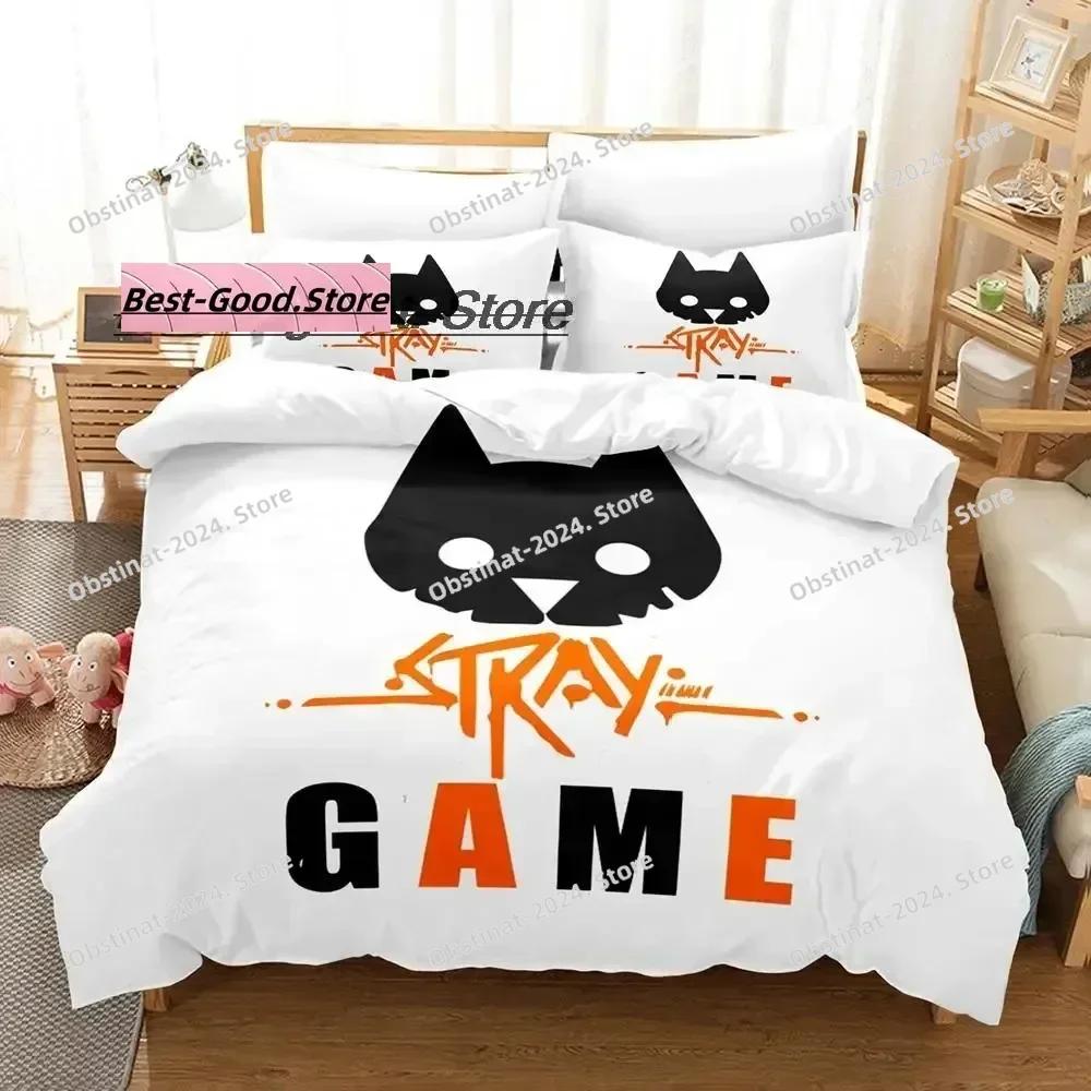 Постельное белье с принтом кота и Момо из игры Stray Game. Комплект постельного белья с наволочкой, пододеяльник. Мягкое. Размер: односпальное, двуспальное, Queen, Super King