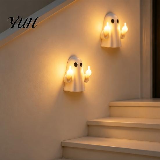 Wireless Ghost Night Light Halloween Middle Finger Glow Light, Funny LED Wall Indoor Party Atmosphere Lamp, Cute Spooky Tabletop Decoration