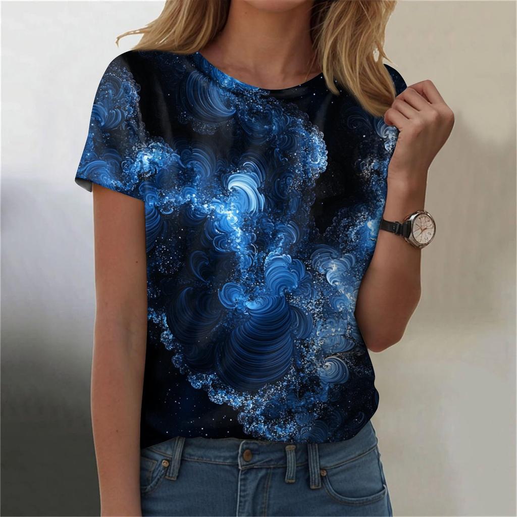 Женская мода Sky Print модная универсальная облегающая футболка с коротким рукавом