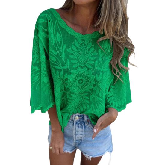 Женские топы с круглым вырезом и рукавами 3/4, свободная посадка, украшенная кружевом, повседневная рубашка, однотонные дышащие нестандартные топы