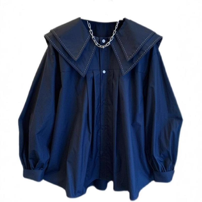 Женский корейский кардиган-блузка на четыре сезона: весна, осень, с кукольным воротником, женская свободная однотонная рубашка, топы, женская мода, рубашки с рукавами-фонариками