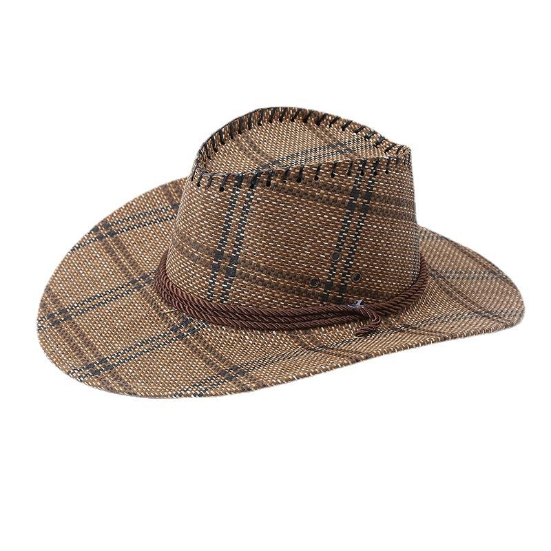 British plaid men's top hat summer outdoor travel sun protection visor hat big edge denim straw hat fishing summer cool hat