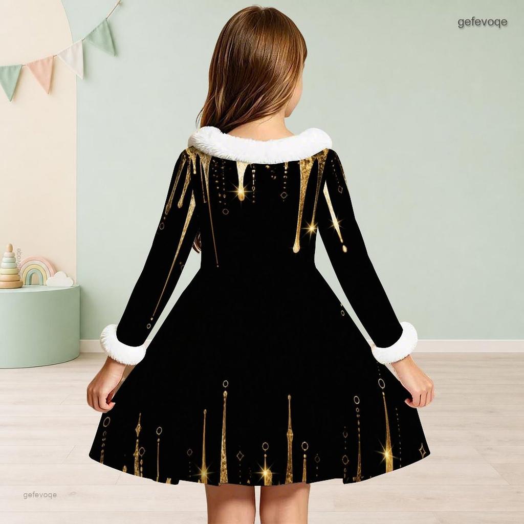 Girls Black Printed High Neck Long Sleeve A Line Flared Dress With White Fur Trim