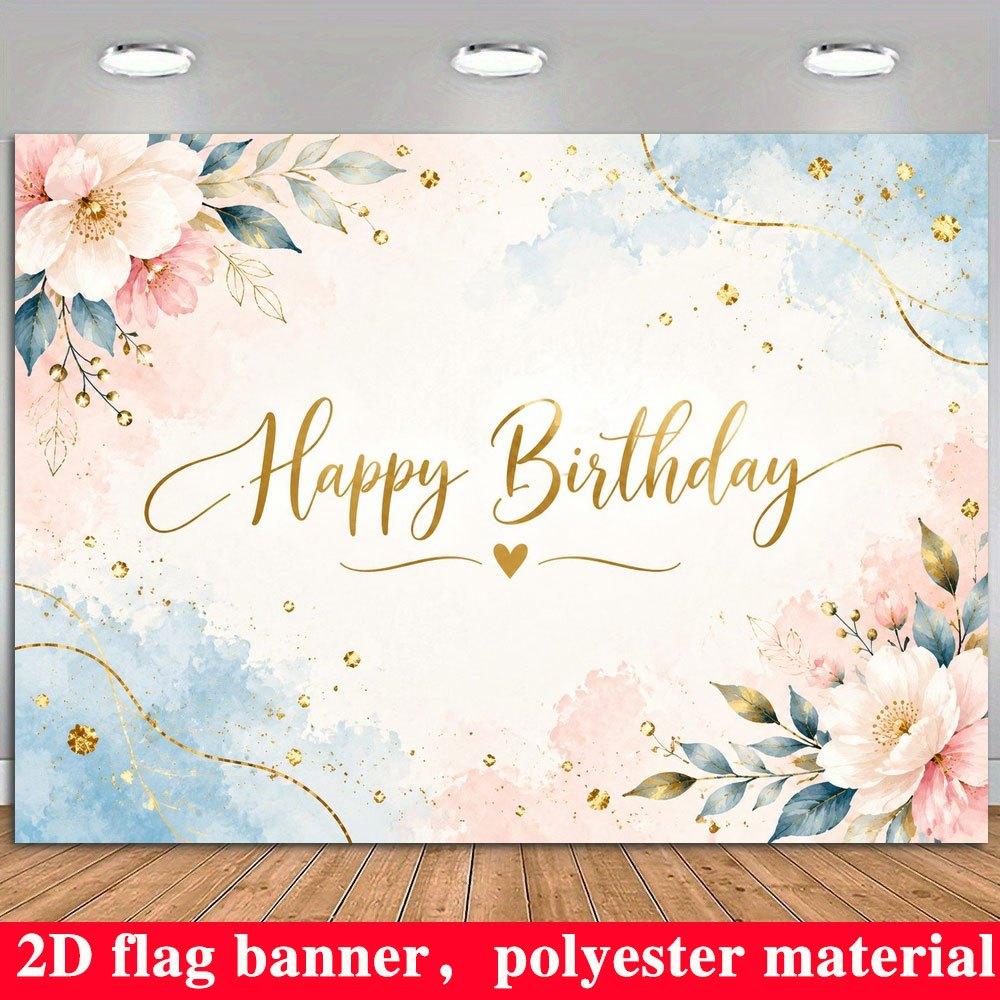 2D Flat Banner, Pastel Pink and Blue Watercolor Floral Backdrop, Golden Accents, Photo Booth