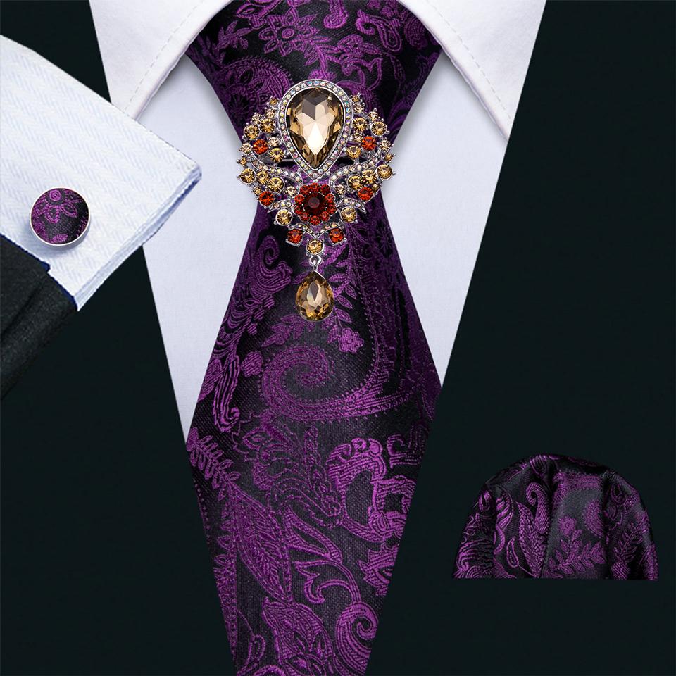 Barry.Wang Paisley Tie with Brooch for Men Wedding Formal Silk Necktie Hanky Cufflink Set
