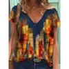 Fashion Spring  Abstract Print Blouses Short Sleeved V-Neck T Shirts Casual