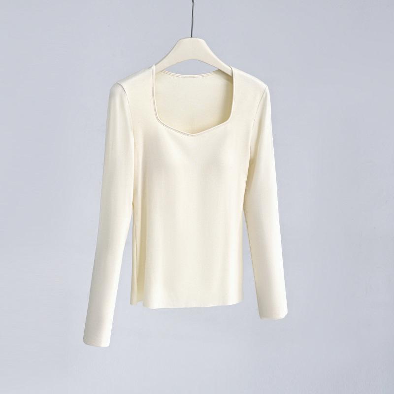 Women's Wool Square Collar Long Sleeve Thermal Shirt with Chest Pad