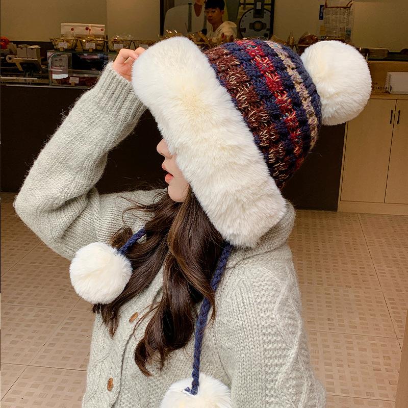 Women's Autumn and Winter Wool Knitted Hat Plush Thickened Warm Windproof Hat Cold Ear Protection Hat for Casual & Formal Outfits, Cold Weather Gear