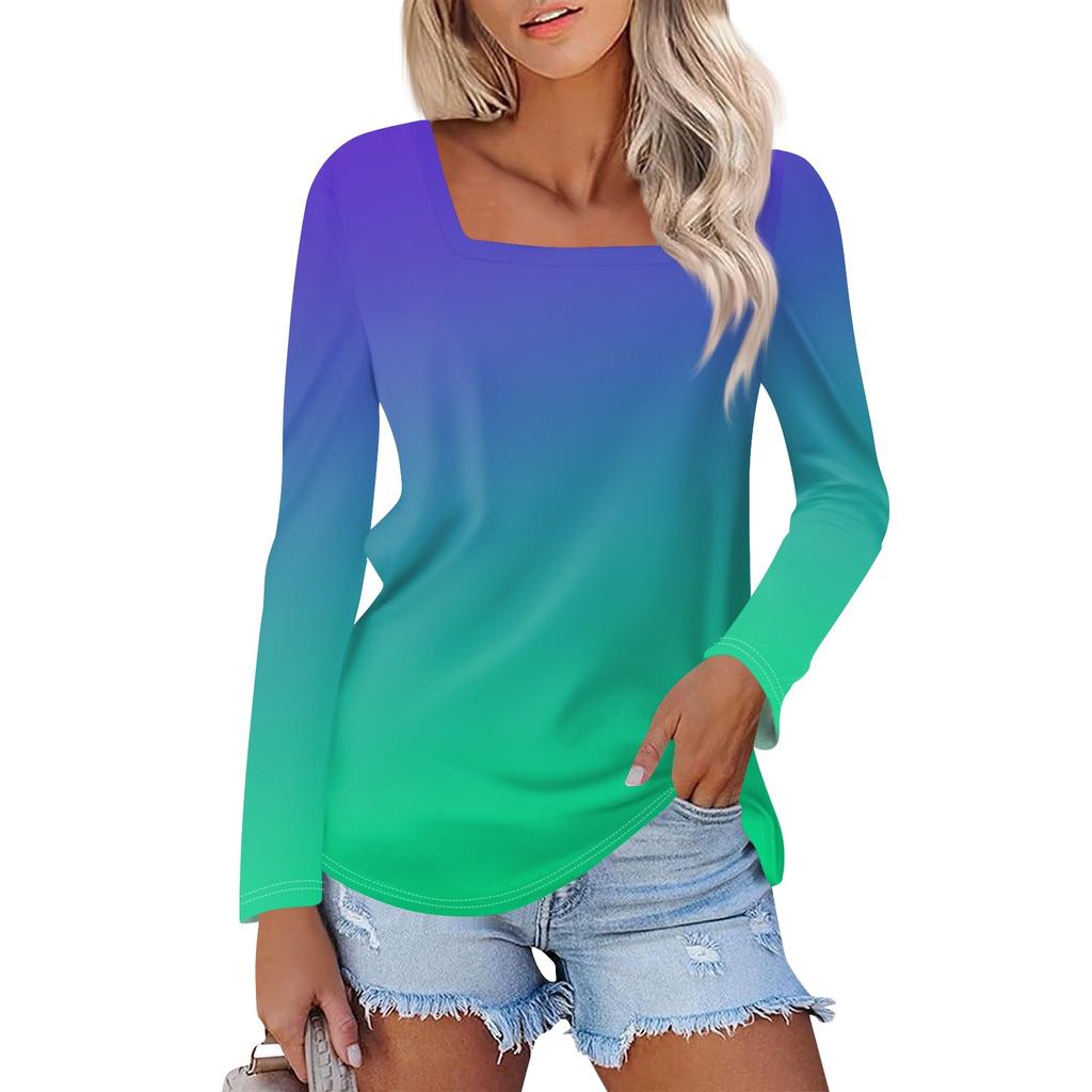 Рубашка для женщин, модная повседневная свободная футболка с квадратным вырезом и длинным рукавом с принтом, женский топ
