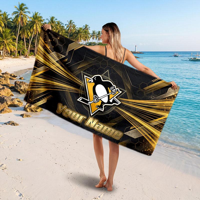 Pittsburgh Penguins Customized Name Text Beach Towel, Soft Absorbent Towel Beach Pool Travel Personal Gift