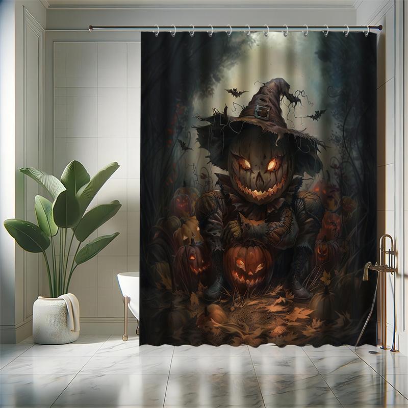 Halloween Pumpkin Head Shower Curtain Set - Includes 12 Hooks, Polyester Fabric, Bathtub Partition, Modern Bathroom Decor