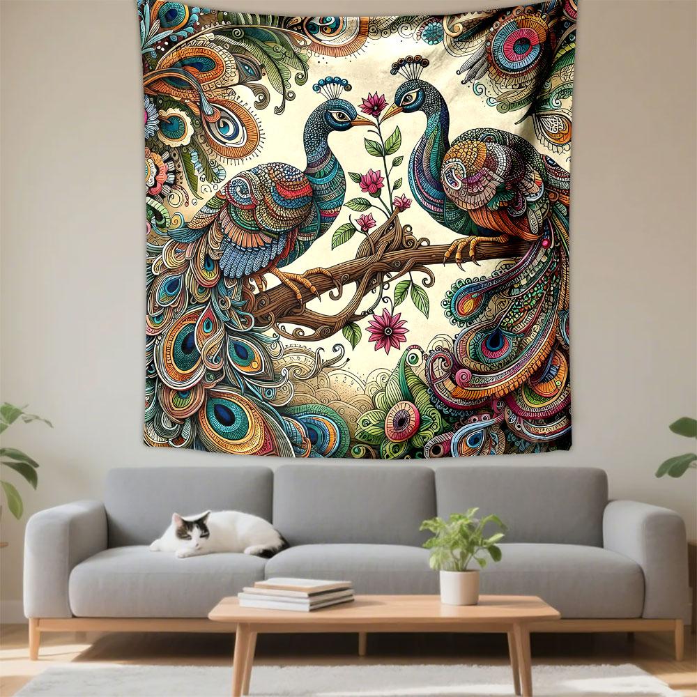 Colorful Peacock Pair with Floral Motifs Patterned Tapestry Decorative Wall Hanging, Home Bedroom Living Room Decor
