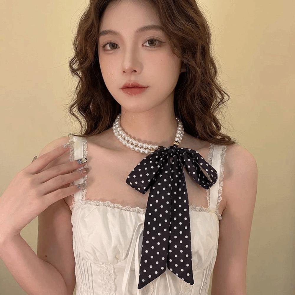 Silk Polka Dot Scarf Necklace Faux Pearl Ribbon Neckband Trendy Choker Daily