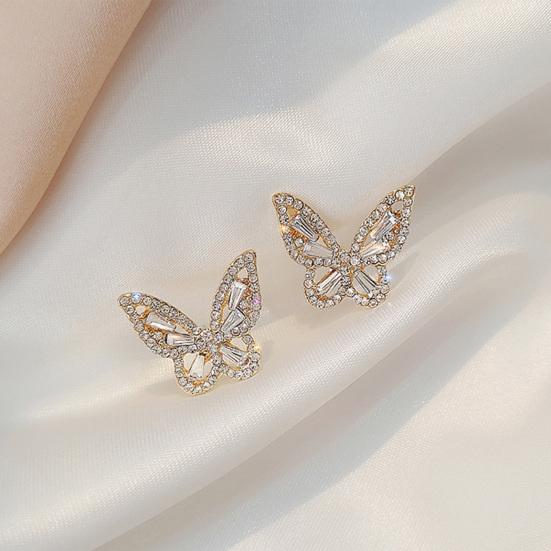 1 Pair Ear Studs Butterfly Shape Rhinestone Faux Crystal Decor Hollow Anti-rust Anti-allergy Lightweight Ear Decoration Jewelry Lady Prom