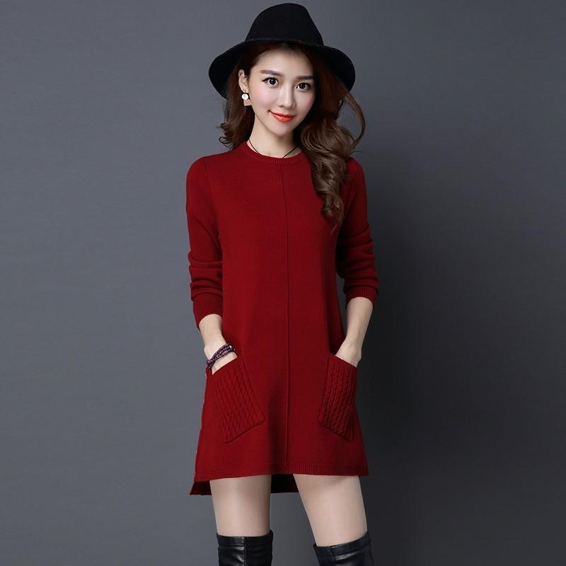 Spring Autumn and Winter Women's Mid-length Pullover Jumper Korean Version of Loose Simple Bottoming Shirt with Pockets of Knitted Jumper Dresses