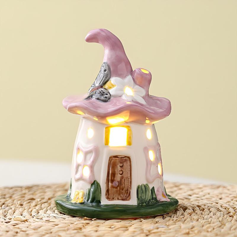Ceramic Magic Hat Lamp Fairy Style Floral Village Houses Night Light for Children’s Room and Nursery