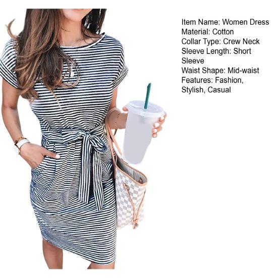 Женское полосатое платье-футболка с коротким рукавом, повседневное платье миди с завязкой на талии