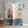 Oil Painting Style Pirate Boat Sheer Curtains for Living Room Decoration Window Curtains Kitchen Tulle Voile Organza Curtains