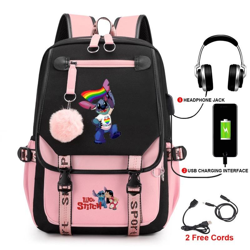 Stitch Backpack for Students Cute Cartoon Laptop Bag with USB Port Fashion Style