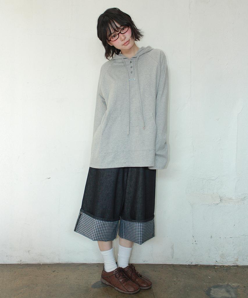 RONRON Check Combi Bermuda Denim Pants Indigo Blue