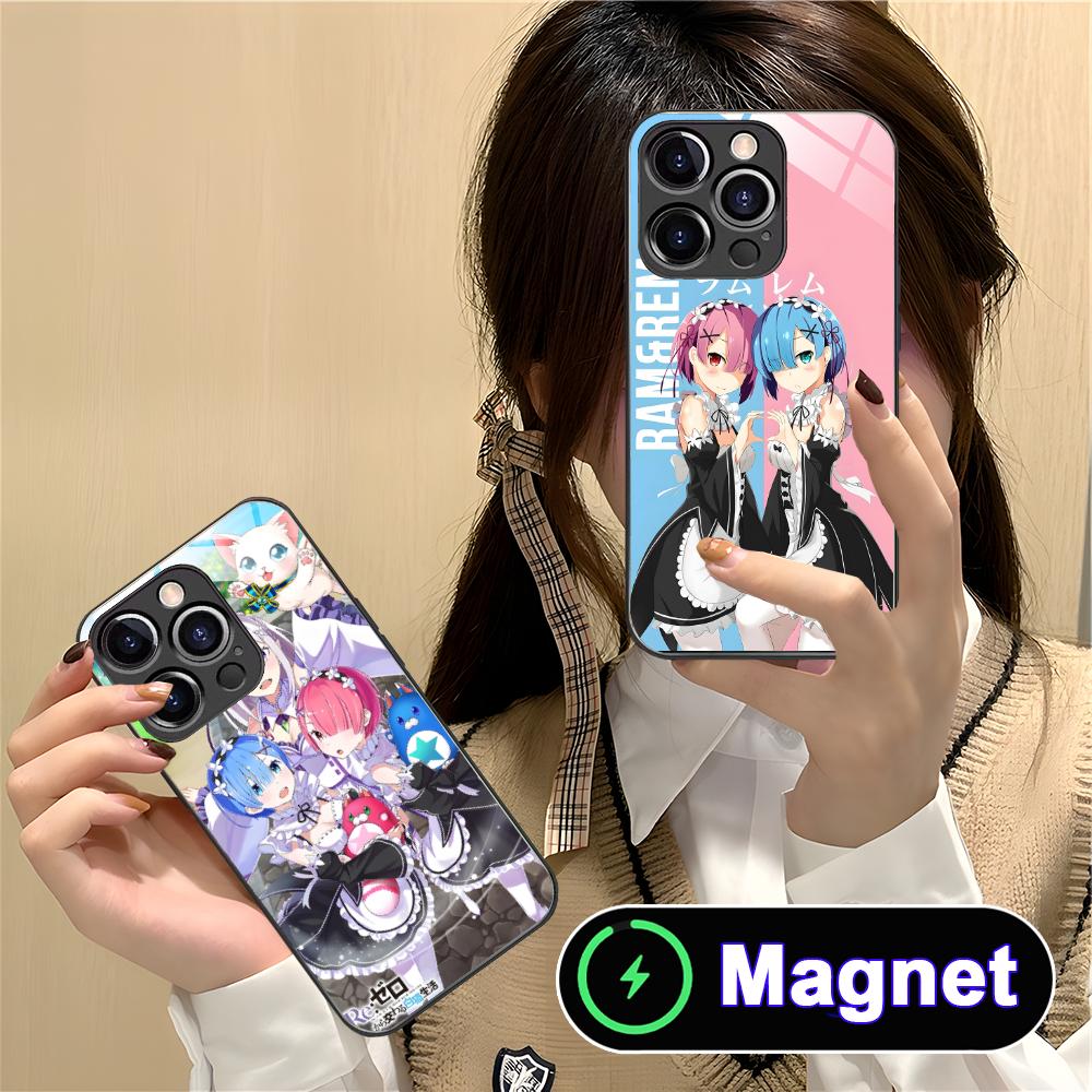 Чехол для мобильного телефона ReZero Rem Ram Glass MagSafe для iPhone 17 16 15 14 13 12 11 Air Pro Max Plus Mini Цветная накладка