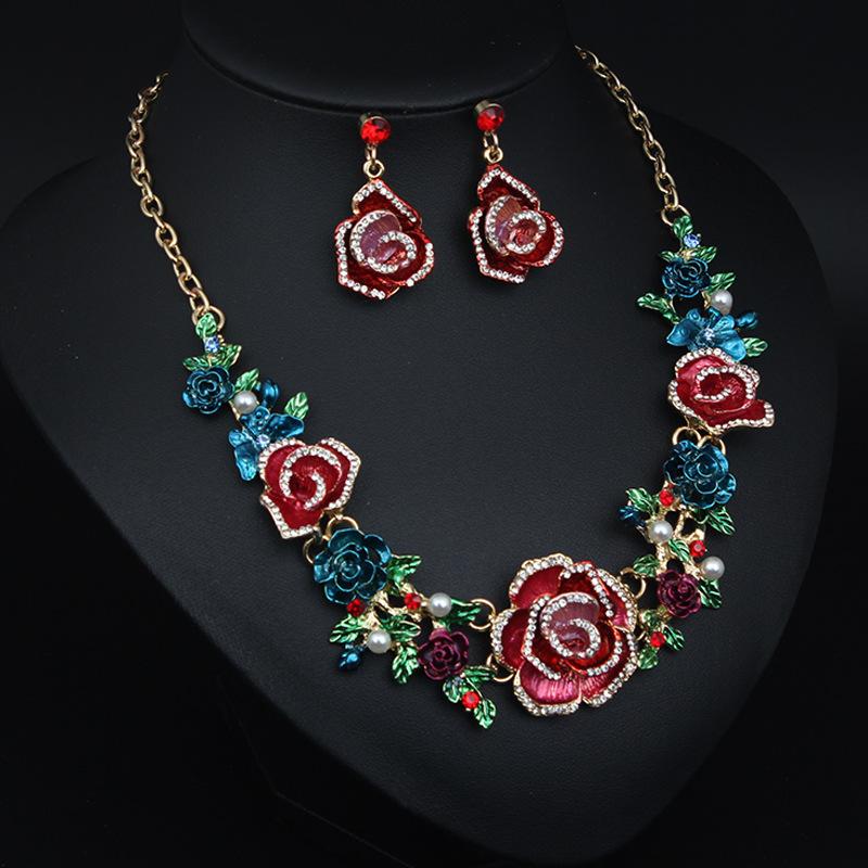 Colorful Flower Diamond Necklace Earrings Set Medieval Temperament Women'S Accessories