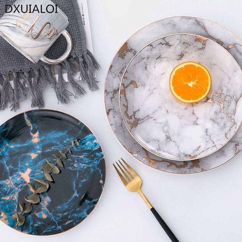 Мраморные тарелки в европейском стиле Керамическая посуда Золотая инкрустация Фарфоровая десертная тарелка Стейк Салат Закуска Торт Тарелки Посуда