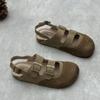 Johnature Genuine Leather Round Toe Sandals Retro Flat Solid Color Versatile Women's Shoes