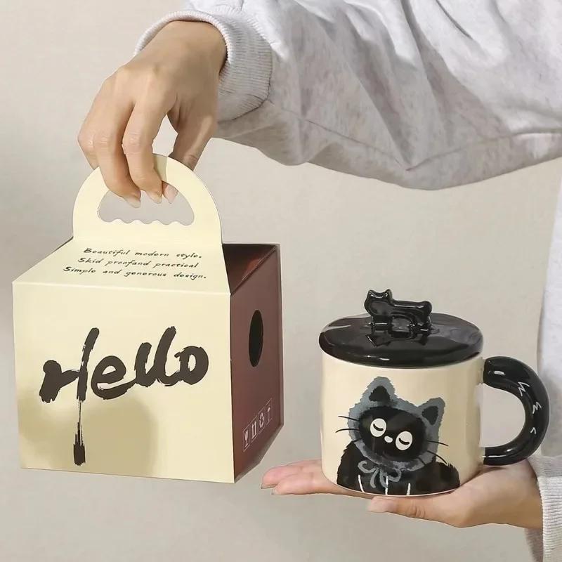 Пара керамических чашек для воды, креативная индивидуальная кружка для кошек с крышкой, милая керамическая чашка для кофе, сувенирная чашка для питьевой воды