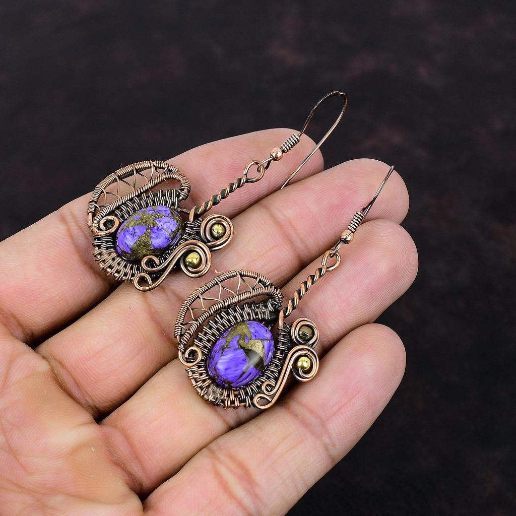 Серьги из медного чароита, серьги из медной проволоки с драгоценными камнями, медные украшения, серьги ручной работы, ювелирные изделия с проволочной обмоткой, подарок для нее, дизайнерские серьги