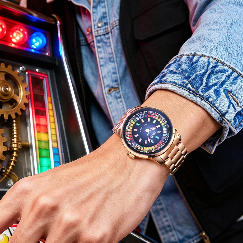 MARK FAIRWHALE NEW Desgin Rotating Colorful Diamonds Dial Men Watch Quartz Wristwatch Stainless Steel Waterproof Watch for Man