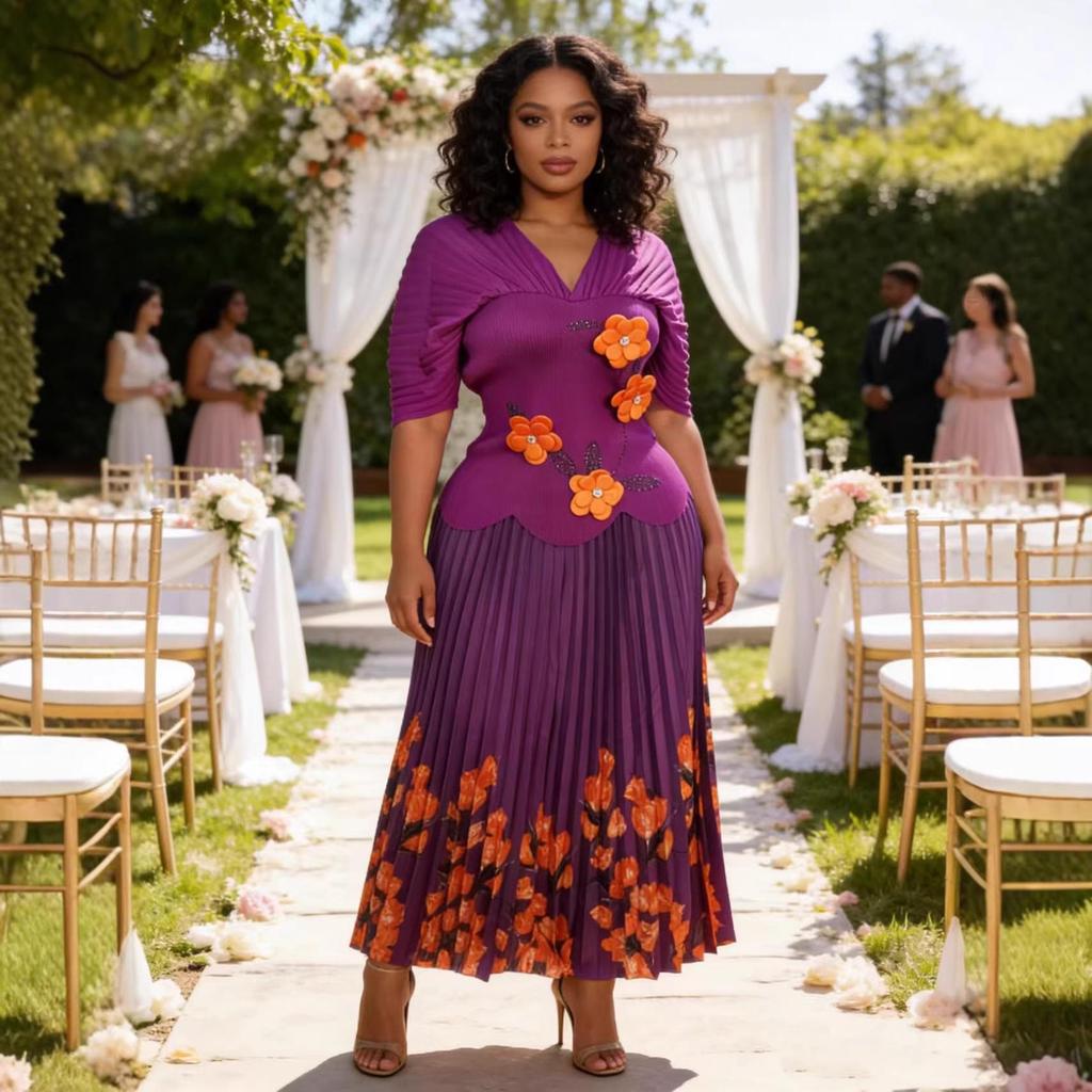 Элегантный набор Miyake Pleats Большого размера с рукавами-пузырями и цветочным дизайном со стразами