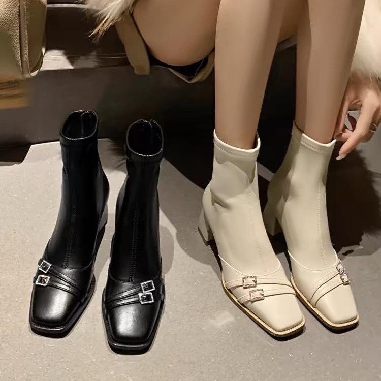 Rhinestone Buckle French Square Head High Heel Elastic Thin Boots Versatile Commuter Thick Heel White Short Boots Women'S Spring Autumn Single Boots