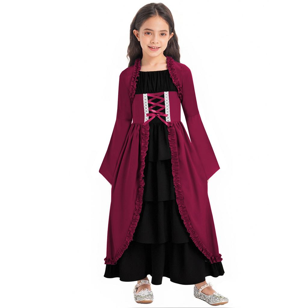 Girls Medieval Renaissance Long Dress Color Contrast Bell Sleeve Layered Ruffles Costume