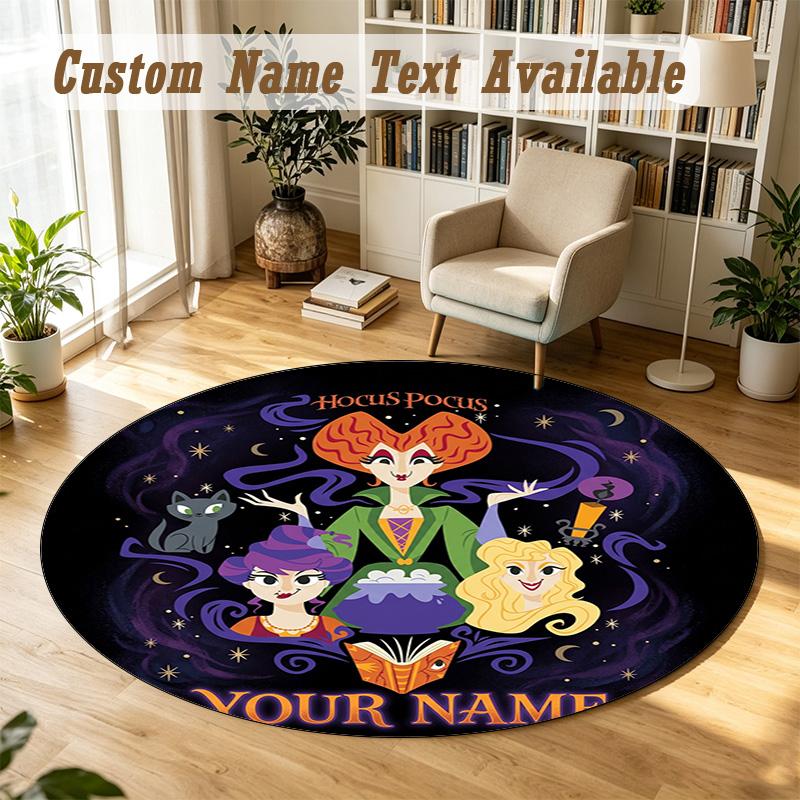 Hocus Pocus Sanderson Sisters Personalized Round Rug Support Custom Name, Soft Home Decor Mat