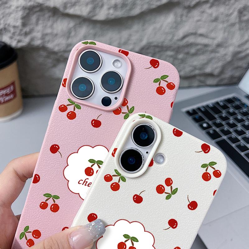 Чехол из мягкой противоударной матовой кожи с вишневым узором для iPhone 16 Pro 15 14 13 12 Pro Max 11
