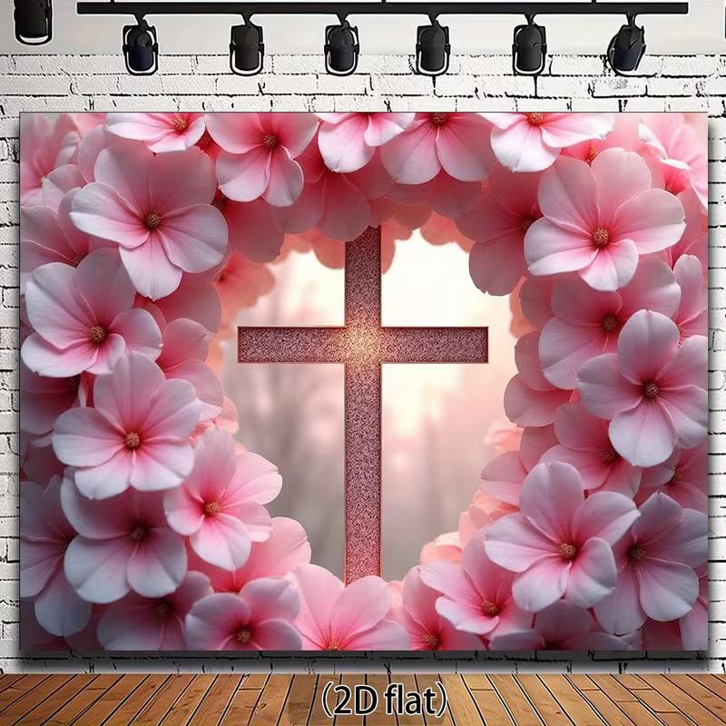 2D Flat Religious Floral Cross Backdrop, Pink Flower Arch with Sparkly Cross for Communion